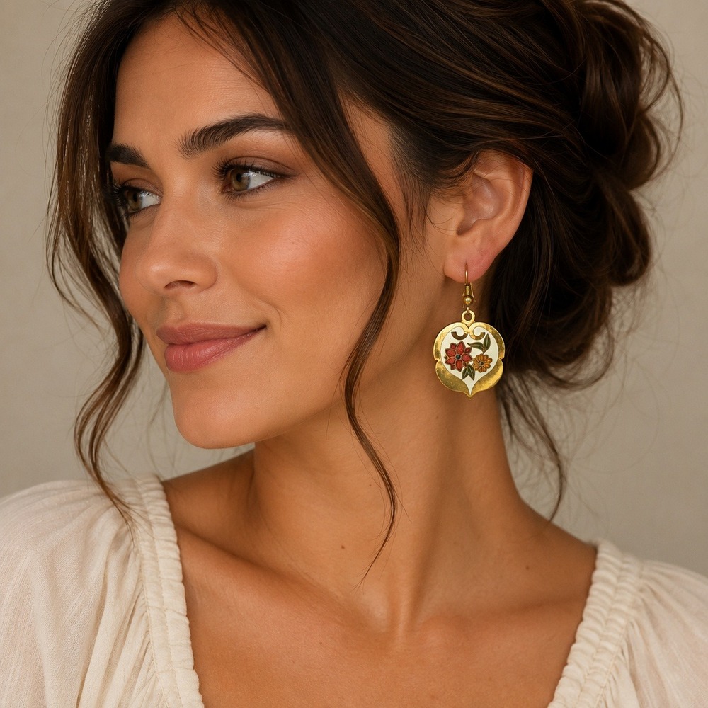 Cloisonne Drop Earrings Women OS Gold Floral Excellent Scalloped Heart
